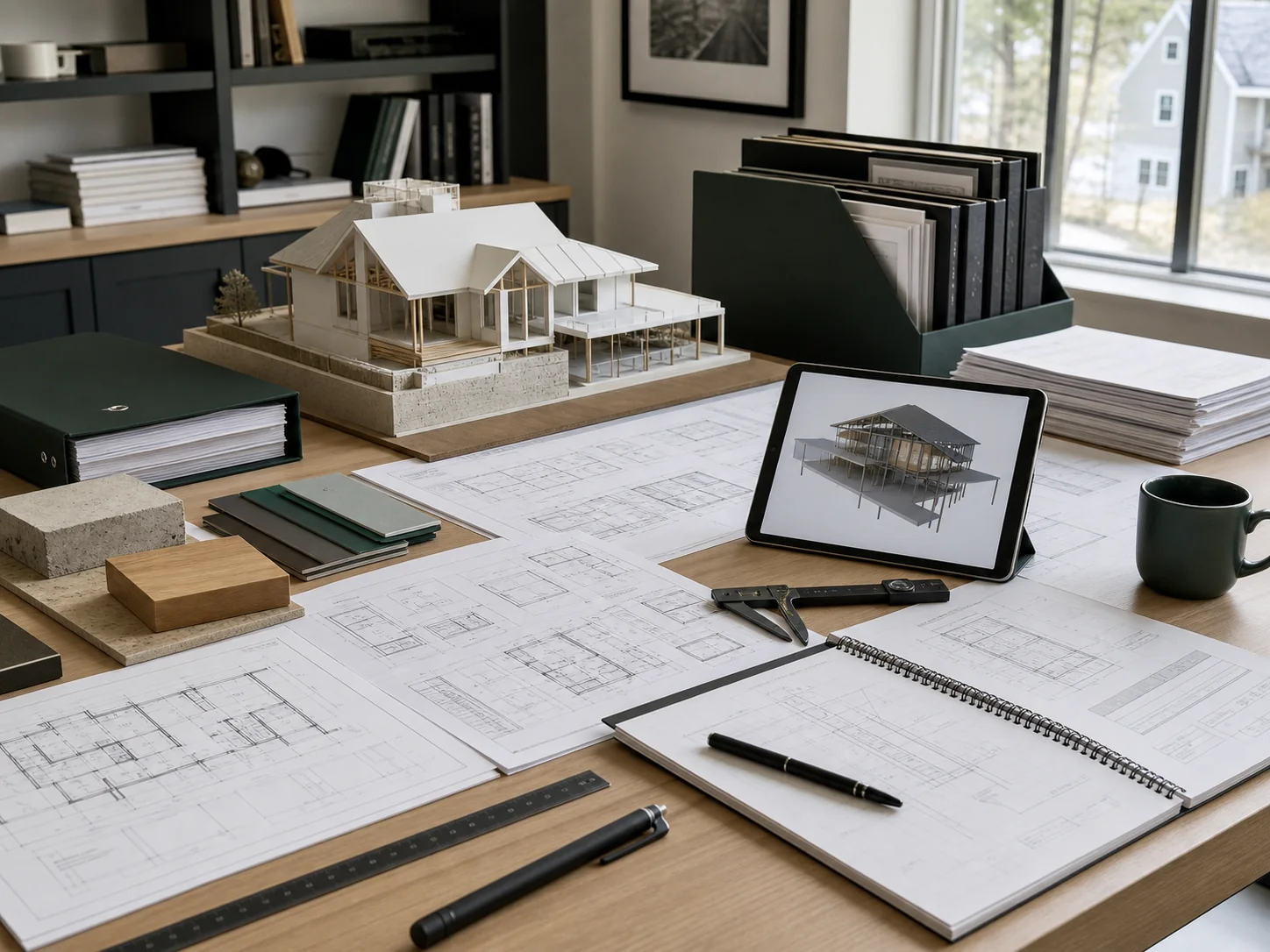 Architectural model, plan sets, structural details, and material samples in an engineering workspace