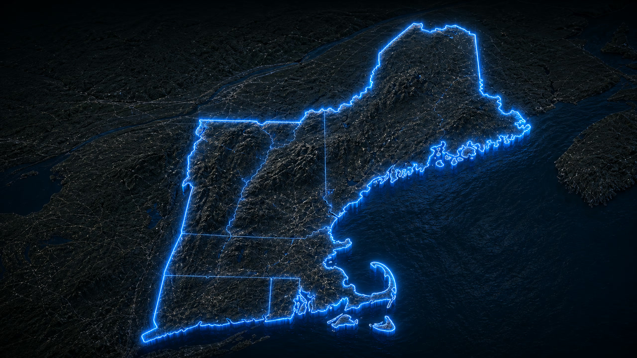 Aerial map of New England with a blue neon outline highlighting Massachusetts, New Hampshire, Rhode Island, Connecticut, Maine, and Vermont